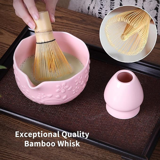 Japanese Matcha Whisk Set - Matcha Making Kit with Ceramic Bowl Bamboo Whisk (Chasen) Sifter & Holder Pink