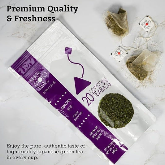 SUGIMOTO TEA Japanese Sencha Green Tea Bags 20 Count Pack of 1