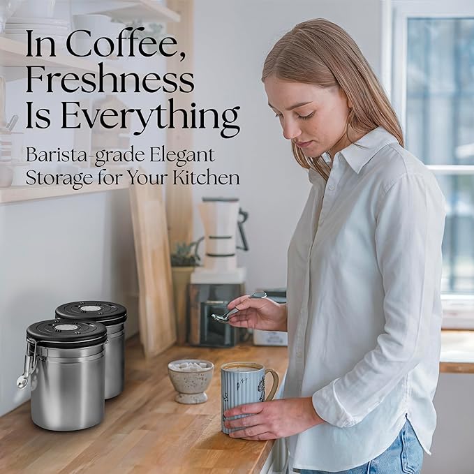 Mixpresso 16 Oz Coffee Canister with Scoop, Stainless Steel Airtight Coffee Container, Air tight Jar Tea Storage with Date Tracker, Vacuum Sealed Espresso Airtight Canister, Sugar Container for Home