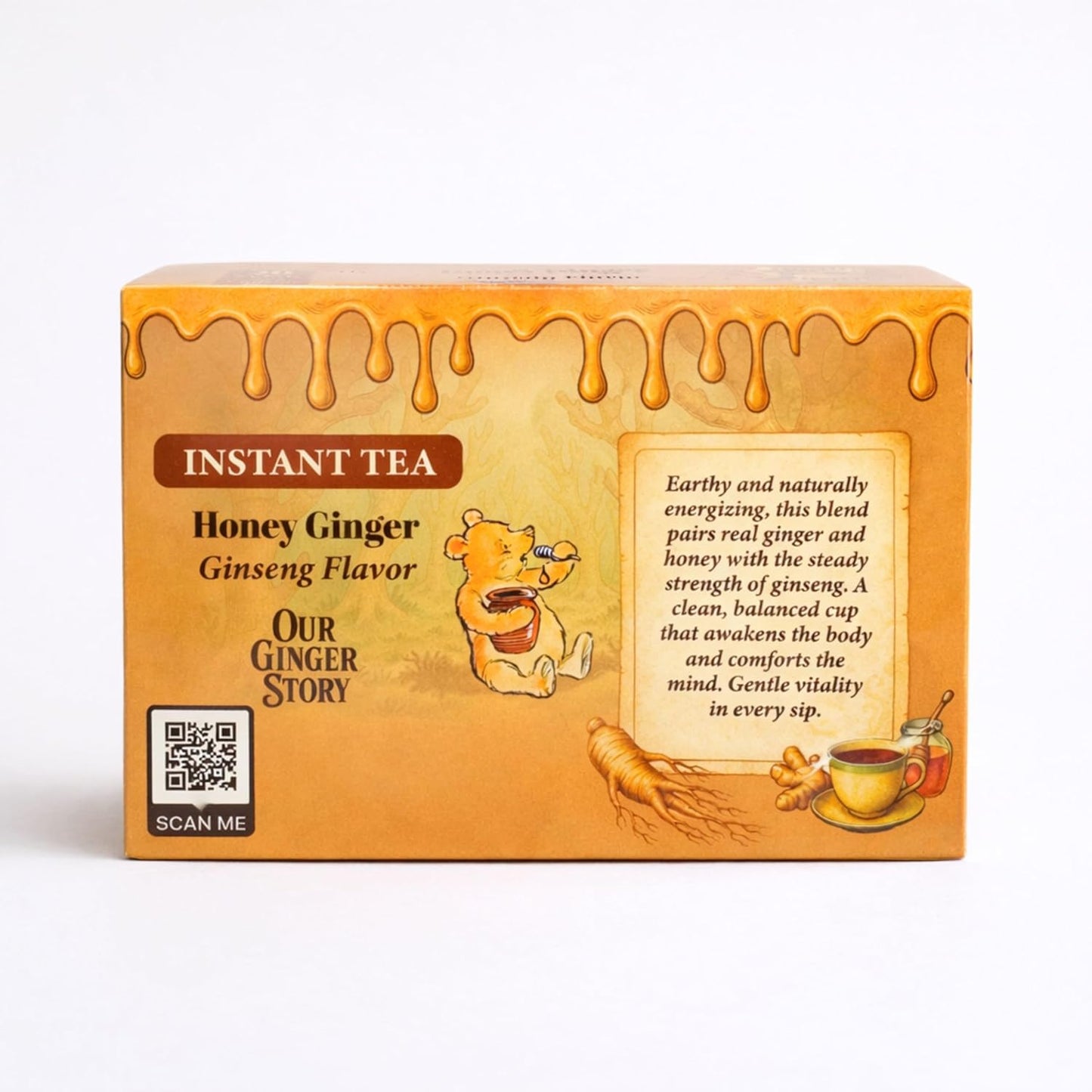 Premium Honey Ginger Instant Tea Crystals, With Ginseng 20 Sachets Real Ginger Real Honey Pure Cane Sugar Caffeine Free Hot Or Cold Single Serve Drink Mix
