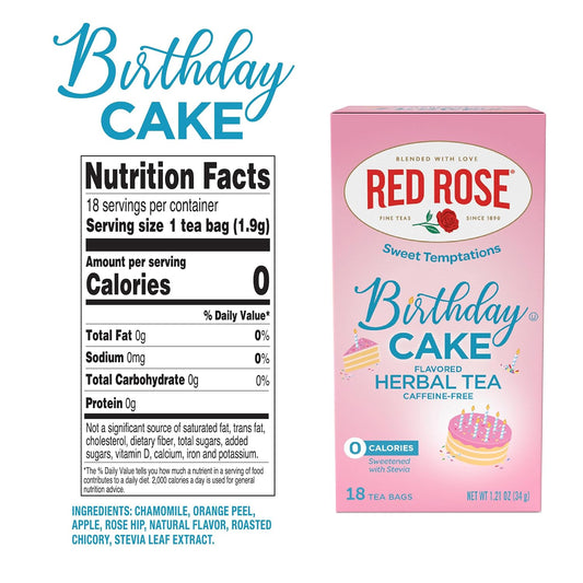 Red Rose Sweet Temptations Birthday Cake Dessert Herbal Tea, 18 Bags 6 Pack | Sweet, dessert-inspired herbal tea | Naturally flavored | Caffeine-free | Ideal sweet treat