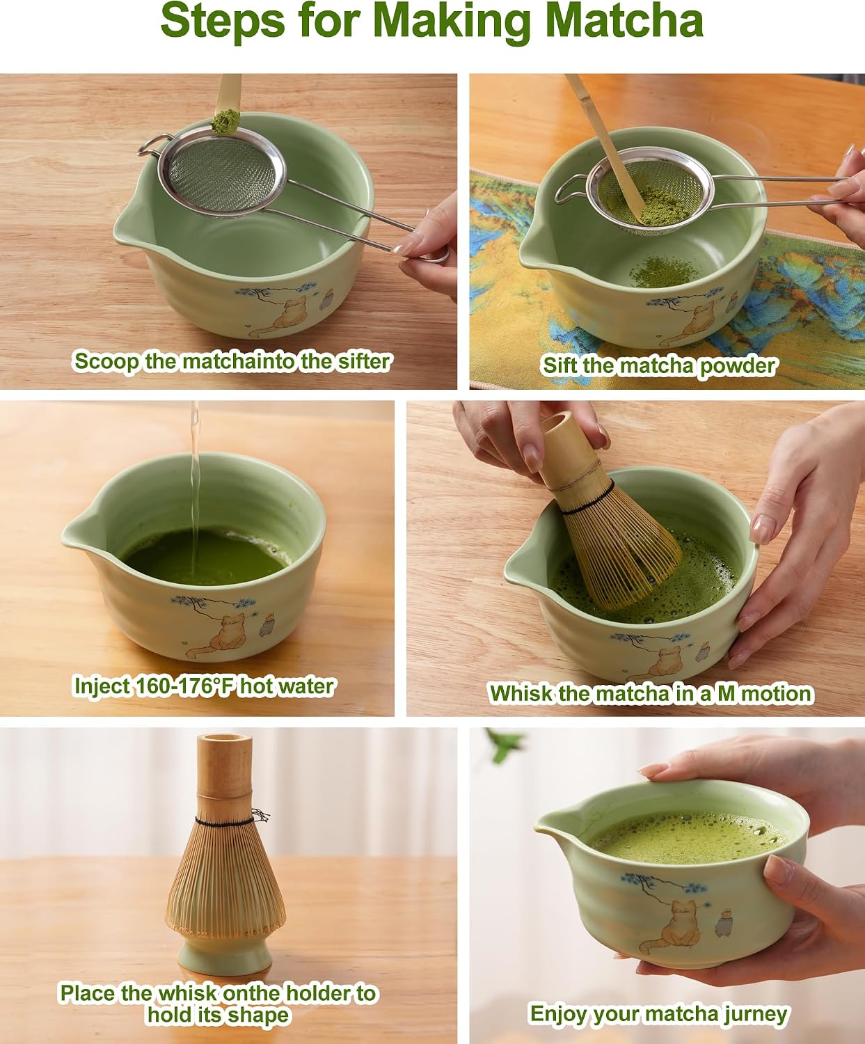 Matcha Whisk Set, Ceramic Matcha Set Includes Matcha Bowl, Matcha Whisk and Holder, Bamboo Scoop, Scoop Rest, Sifter and Tea Towel - 7 Pcs Matcha Kit(Green)