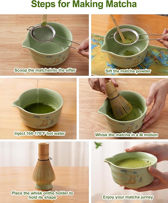 Matcha Whisk Set, Ceramic Matcha Set Includes Matcha Bowl, Matcha Whisk and Holder, Bamboo Scoop, Scoop Rest, Sifter and Tea Towel