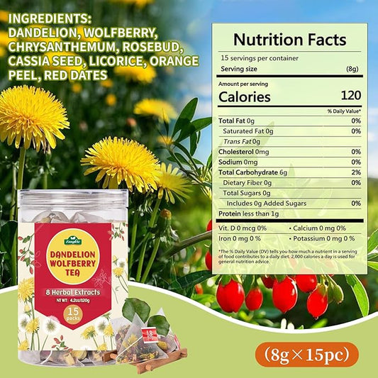 Fangkic 15 Packs Dandelion Root Wolfberry Tea, 8 Herbal Tea Bags Blend of Dandelion, Goji Berry, Jujube Dates, Rose, Licorice, Chrysanthemum