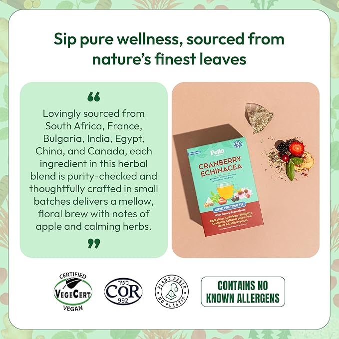 Cranberry Echinacea Chamomile Tea with Blackberries, Strawberry, Tulsi Basil & Safflower – Vegan Kosher Naturally Caffeine Free – Traditional Herbal Blend for Wellness & Antioxidant Rich (25 Tea Bags)