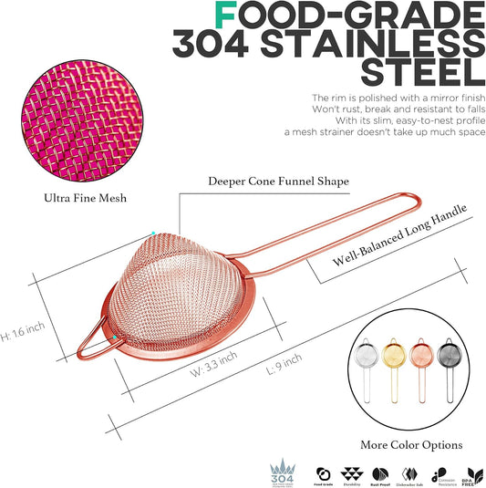 Homestia 304 Stainless Steel Fine Mesh Strainer, Sieve Sifter For Tea, Rose | 3.3'' Kitchen Small Strainer Fine Mesh, Cone Cocktail Strainer, Bar Strainer for Food, Rice, Fruits, Juicing, Drinks, Coffee