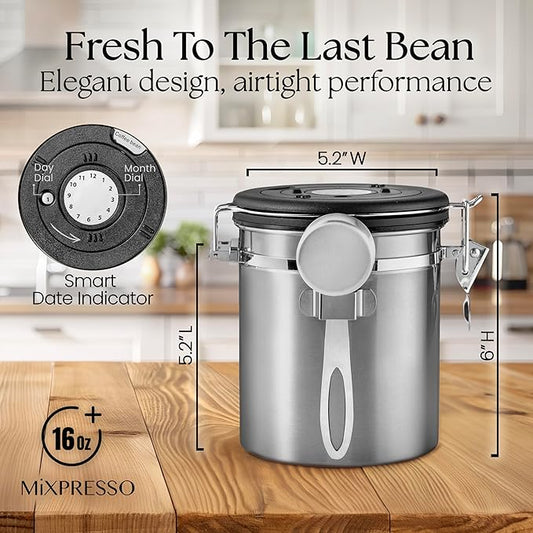 Mixpresso 16 Oz Coffee Canister with Scoop, Stainless Steel Airtight Coffee Container, Air tight Jar Tea Storage with Date Tracker, Vacuum Sealed Espresso Airtight Canister, Sugar Container for Home