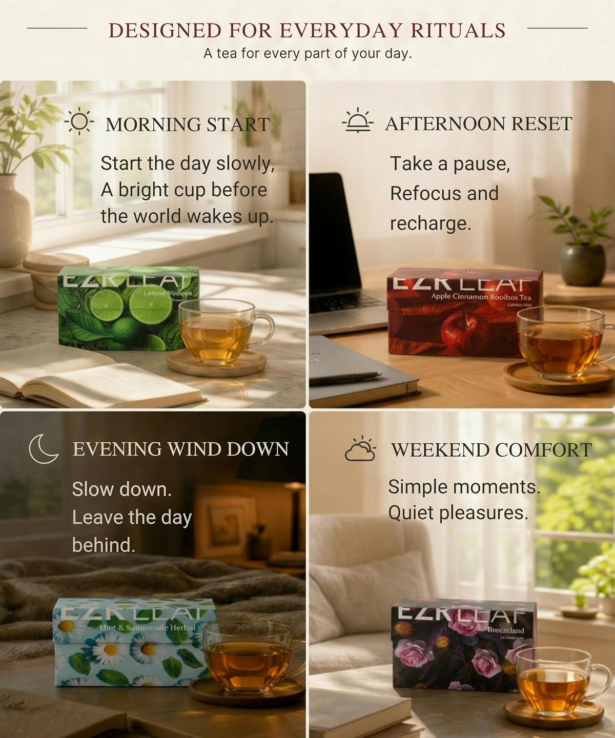 EZR Leaf Apple Cinnamon Rooibos Tea Caffeine Free Decaf Herbal Tea, 20 counts 2.1 Once Pyramid Tea Bags, Naturally Sweet, Relaxing Sleep Blend