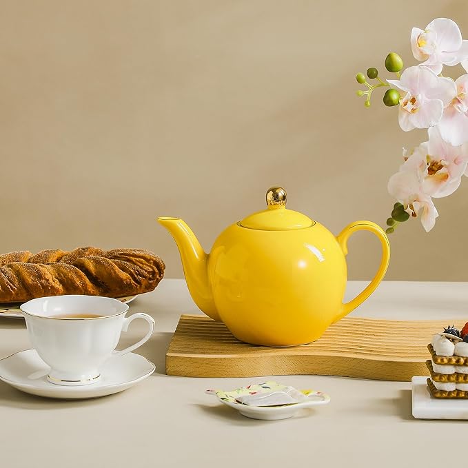 30oz Yellow Porcelain Teapot with a Speckled Glaze, Sunny Ceramic Teapot with Gold Trim for Loose Leaf and Blooming Tea, Tea Party Essential