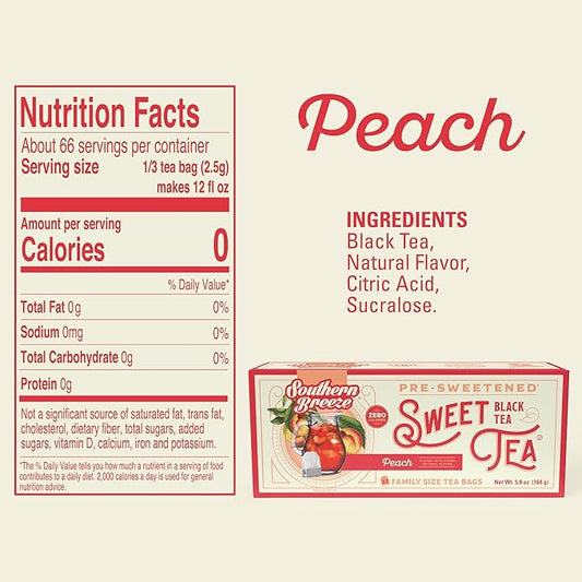 Southern Breeze Hot Brew Sweet Tea Peach Iced Tea with Black Tea and Zero Carbs Zero Sugar, 22 Individually Wrapped Family Size Tea Bags, Pack of 2