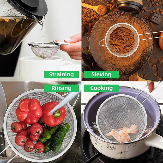 NUOMI Set of 3 Fine Mesh Strainer Spoon Stainless Steel Sieve Colander Sets Multifunctional Food Strainer with Long Handle for Sifting Flour, Tea, Frying Oil, Coffee Powder, Juice, Dia. 8/14/20 CM