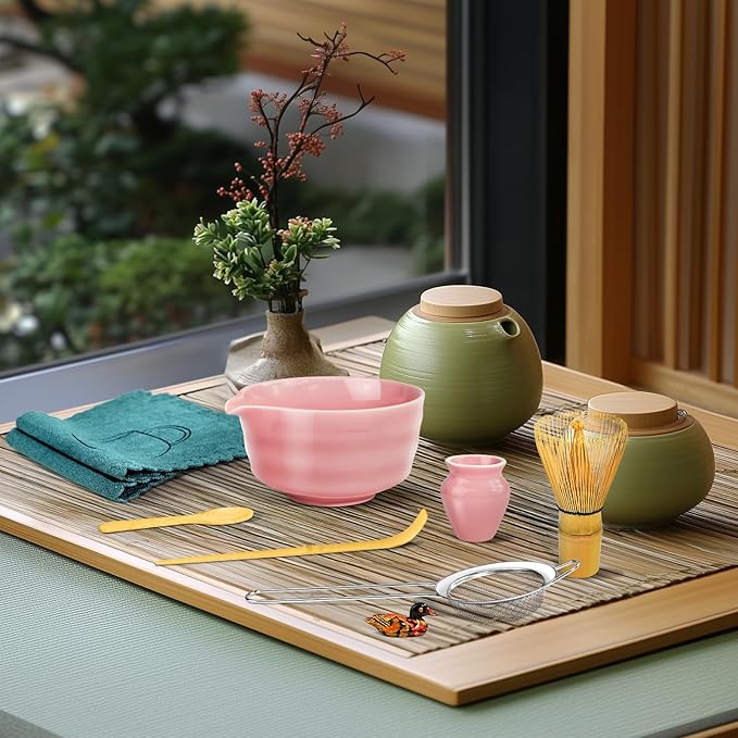 Matcha Set, 9 Pcs Japanese Matcha Whisk Set Matcha Tea Set for Traditional Tea Ceremony, Ceramic Matcha Kit for Matcha Drinks Matcha Set Whisk and Bowl Gift for Starters & Matcha Lover, Pink