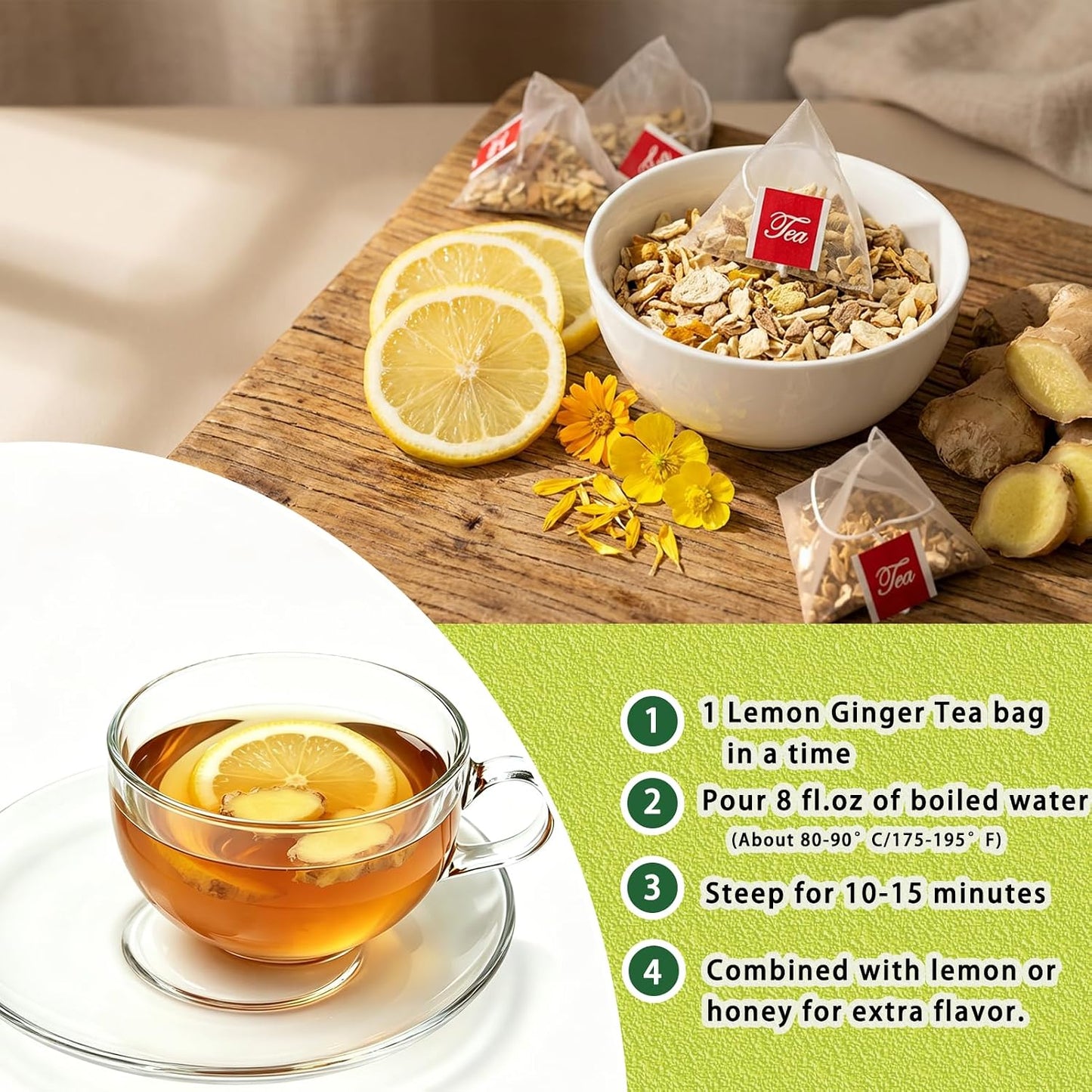 Samcci Lemon Ginger Tea Bags, 50 Counts, Non-GMO, Caffeine-Free