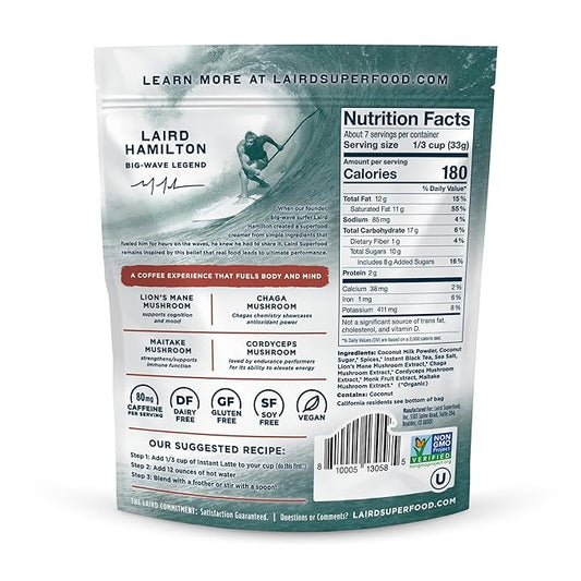 Laird Superfood Chai Instant Latte with Adaptogens - Instant Chai Tea Powder with Superfood Coconut Creamer - Gluten Free, Non-GMO, Vegan, 8 oz. Bag, Pack of 2