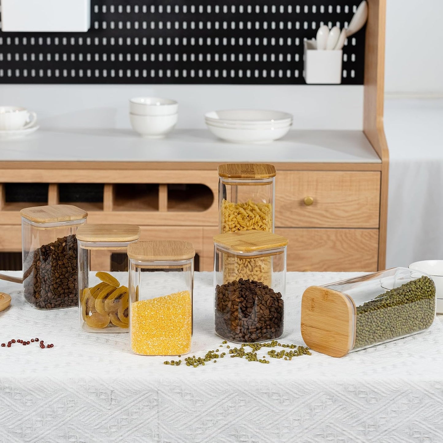 D2scrma 50oz Airtight Glass Square Storage Canister with Bamboo Lid Set of 3 (1500ml) Container Stackable Spice Jar, Kitchen Canister for Flour, Cookies, Cereal and Coffee beans (with Black Lable)