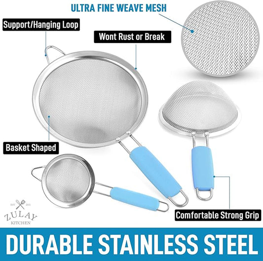 Zulay Kitchen Premium Stainless Steel Fine Mesh Strainer Set - Strainers For Kitchen (Set of 3) With Non-Slip Handles - Includes A Small, Medium & Large Fine Mesh Sieve Set - Durable Metal Strainer