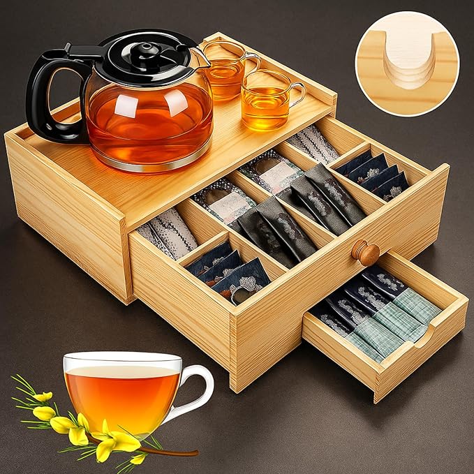 Tea Bag Organizer Wood Tea Organizer Storage Box 8 Compartments Container Holder with Lid to Storage