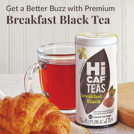 The Republic of Tea HiCAF Breakfast Black Tea, High Caffeine, 50 Count | A bold cup for morning or afternoon. Brisk and full-bodied with notes of roasted root. Gluten Free and Carb Free.
