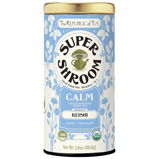 The Republic of Tea SuperShroom Calm Reishi Herbal Tea, Organic Rooibos, Cocoa and Dandelion Root Blend, Low Caffeine, Unbleached Tea Bags in Reusable Tin, 36 Count