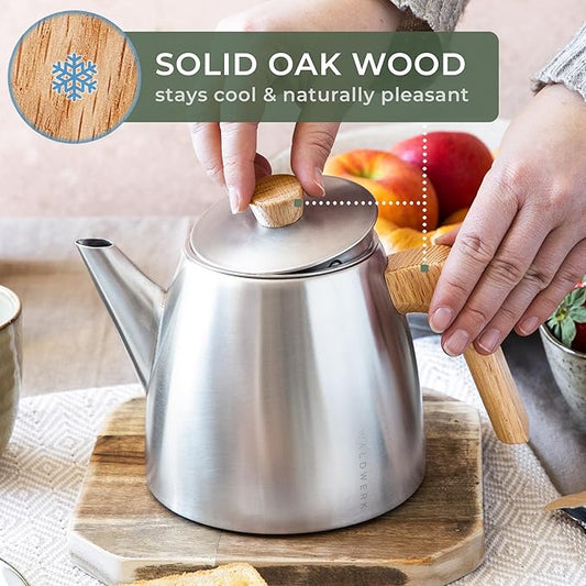 WALDWERK Tea Pot with Infuser - Double Wall Stainless Steel Teapot - Tea Pot with Infuser for Loose Tea - Made from 304 Stainless Steel and Oak Wood - Isolated Teapot with Strainer - 100% Drip Free