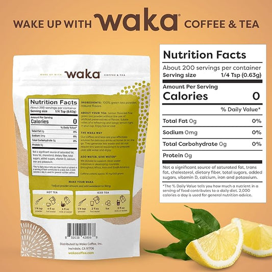 Waka Instant Green Tea Mix, Lemon Flavored - 100% Tea Leaves, No Additives, Unsweetened Tea Powder in Bulk Pouch – Easy Quick Hot and Iced Teas, Up to 200 Cups (4.5oz)