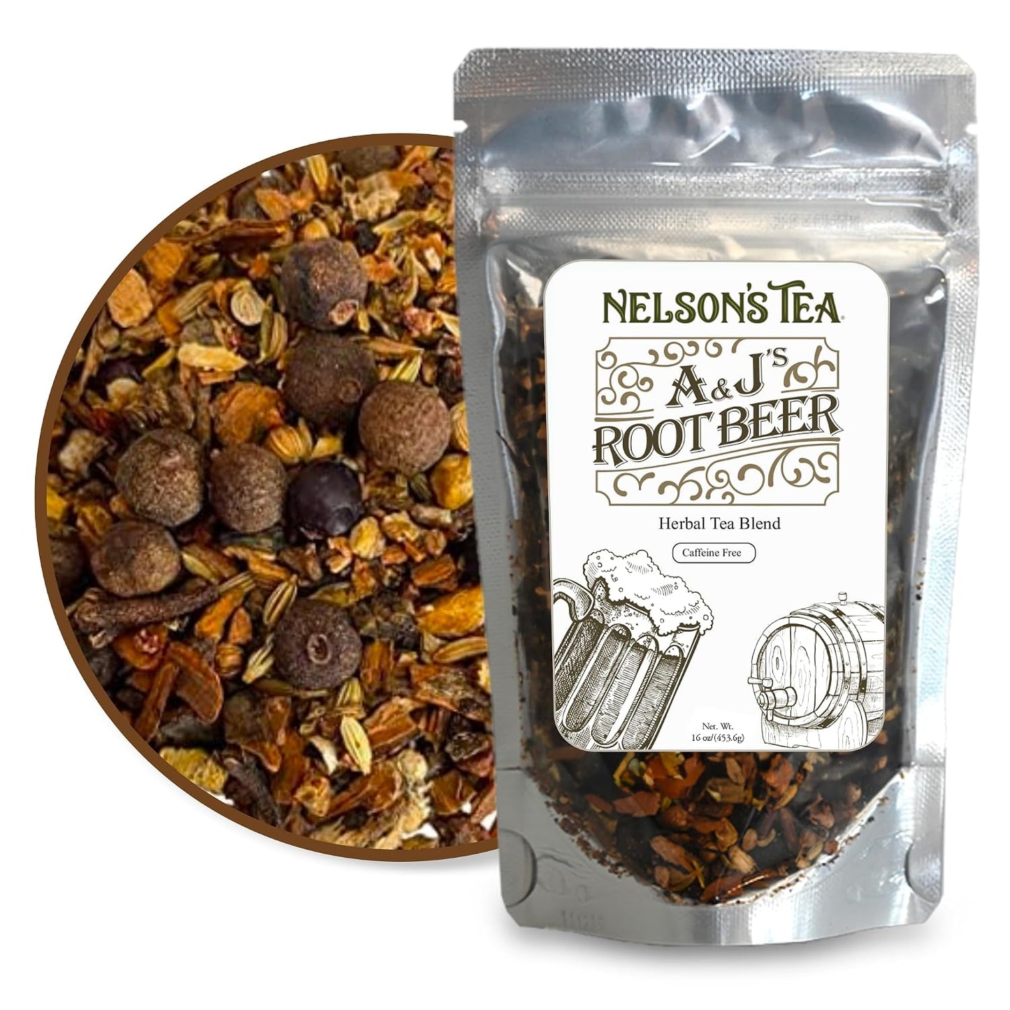 Nelson's Tea A & J's Root Beer Sarsaparilla Loose Leaf Tea, 16 oz | Herbal • Burdock • Birch Bark • Dandelion • Caffeine Free • Tea • Root Beer • Sarsaparilla Root Tea
