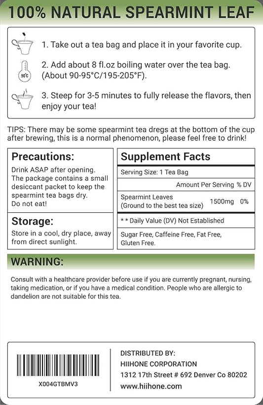 Spearmint Leaf Herbal Tea - Caffeine Free, 40 Tea Bags