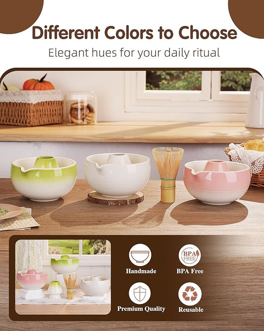 ZENS Matcha Whisk Set, 6pcs Matcha Kit Includes Ceramic Bowl, Handcrafted Bamboo Whisk and Chasen Holder, Scoop, 304 Sifter & Tea Mat,Matcha Set for Tea Ceremony,Latte Making, White