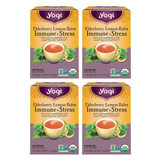 Yogi Tea Elderberry Lemon Stress & Immune Support Tea - 16 Tea Bags, 4 Packs - With Ashwagandha, Lemongrass, Licorice Root & More