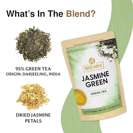 BREWIX, Jasmine Green Tea (25 Pyramid Tea Bags) | High Grown Green Tea from Himalayas with Jasmine | Caffeinated Tea Loose Leaf | High Elevation Grown