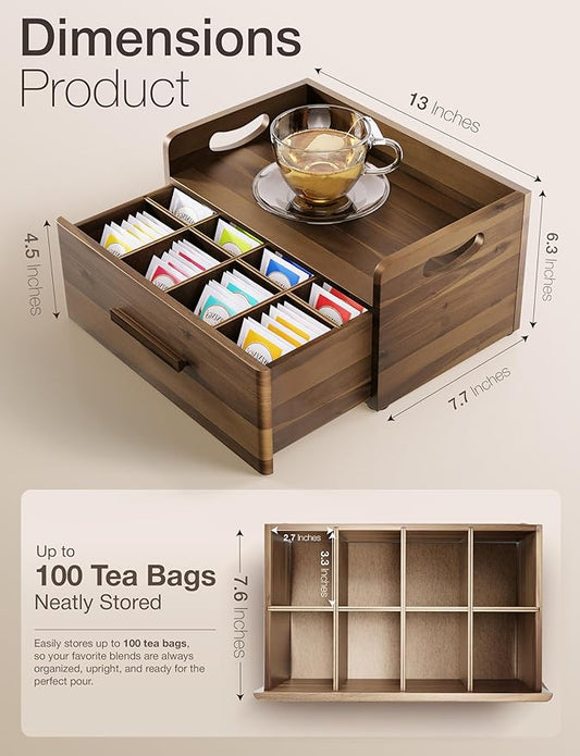 Tinamo Acacia Wooden Tea Box Organizer with Drawer – Tea Chest for Tea Bags Storage – Tea and Coffee Organizer - Wooden Tea Tray and Containers for Countertop Display (Walnut)