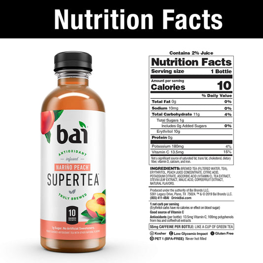 Bai Iced Tea, Narino Peach, Antioxidant Infused Supertea, Crafted with Real Tea (Black Tea, White Tea), 18 Fluid Ounce B