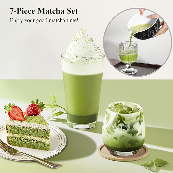 Matcha Whisk 7 PCS Matcha Whisk Set Ceramic Matcha Kit for Ceremony (Matcha Bowl, Bamboo Whisk and Holder), Matcha Tea Set for Making Breakfast/Latte Japanese Tea Tools for Ceremony Gift Black