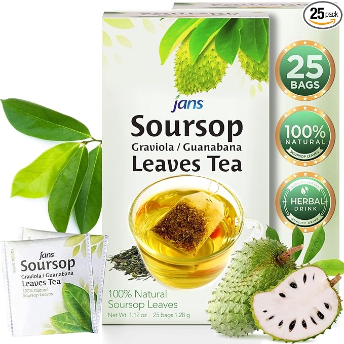 Jans Soursop Tea Bags (25 Count) – Full Strength Herbal Tea from 100% Natural Soursop Leaves – Hoja De Guanabana Graviola Leaf Tea – Caffeine Free Sour Sop Tea Bags, Vegan & Premium Quality