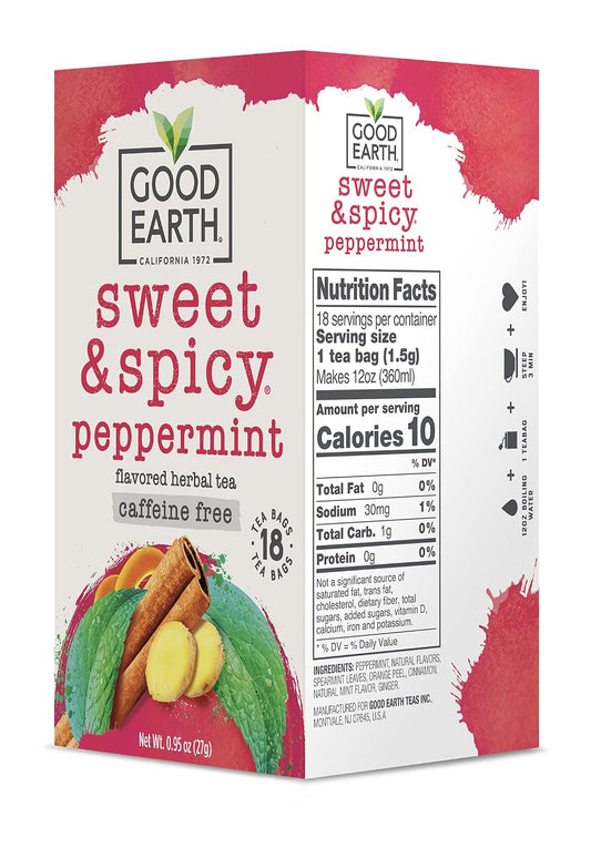 Good Earth Tea, Sweet & Spicy Peppermint Herbal Tea, 18 Count, Pack of 6, Hot or Iced, Iconic Sweet & Spicy with Cool Peppermint
