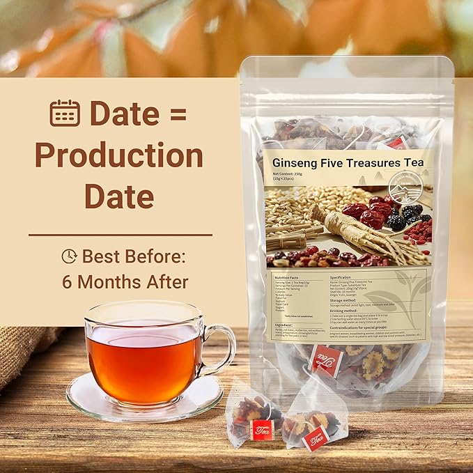 Bnwuam Ginseng Five Treasures Herbal Tea – Caffeine-Free TCM Blend for Energy & Immune Support, Daily Wellness Infusion