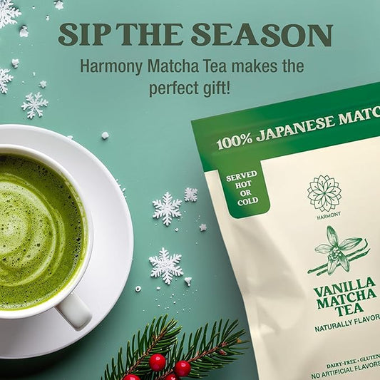 The Harmony Matcha Vanilla (7.05oz Bag - 20 Servings) Premium Sweetened Japanese Matcha Powder, Rich in Antioxidants & L-Theanine, Dairy, Gluten, & Preservative Free, Serve Hot or Iced