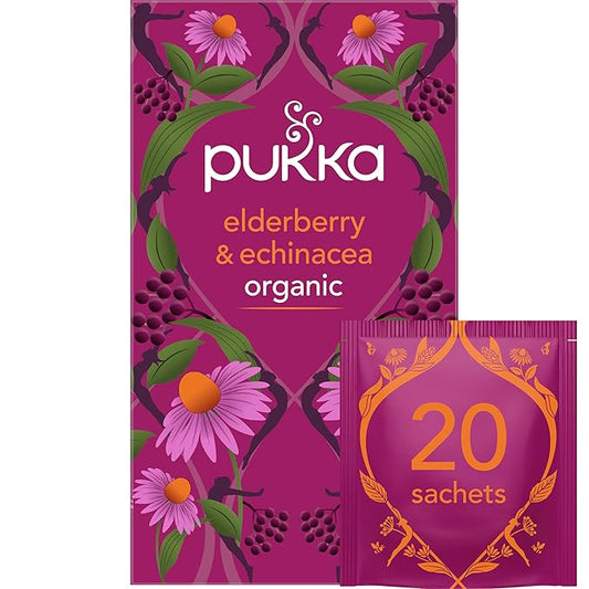 Pukka Tea Bags, Organic (Elderberry + Echinacea, Matcha Green,Chamomile Vanilla & Manuka Honey, & Three Ginger) (2ea) (Variety Pack)