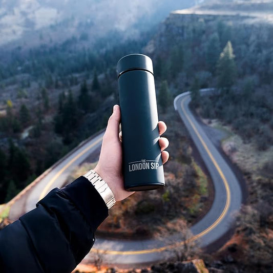 London Sip Multi-Purpose Tea Infuser Travel Mug and Tumbler Fruit Infuser Flask Hot and Cold Double Wall Stainless Steel Thermos with Extra-Long Infuser, Midnight Teal