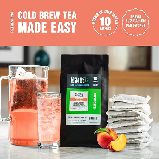 Tiesta Tea - Peaches N' Green Cold Brew, Loose Leaf, Smooth Peach Green Tea, Premium Medium Caffeinated Iced Drink, Cold Brew Packets, Makes 64 oz of Pitcher Per Bag (Pack of 10)