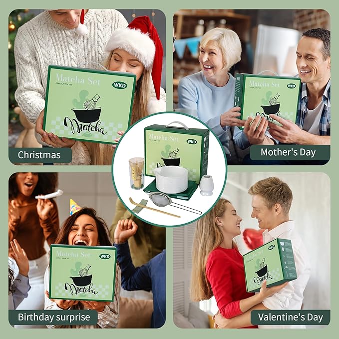 Matcha Whisk Set, Matcha Whisk and Holder, Stainless Sifter & Bamboo Scoop, Towel, 7 PCS Matcha Starter Kit for Matcha Lovers, White