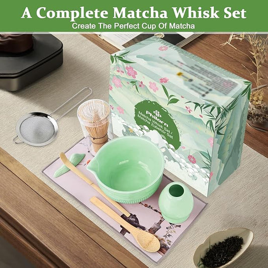 Philorn Matcha Whisk Set, 9Pcs Ceramic Macha Kit, Matcha Set Whisk and Bowl with Spout, Whisks, Holder, Bamboo Scoop, Scoop Rest