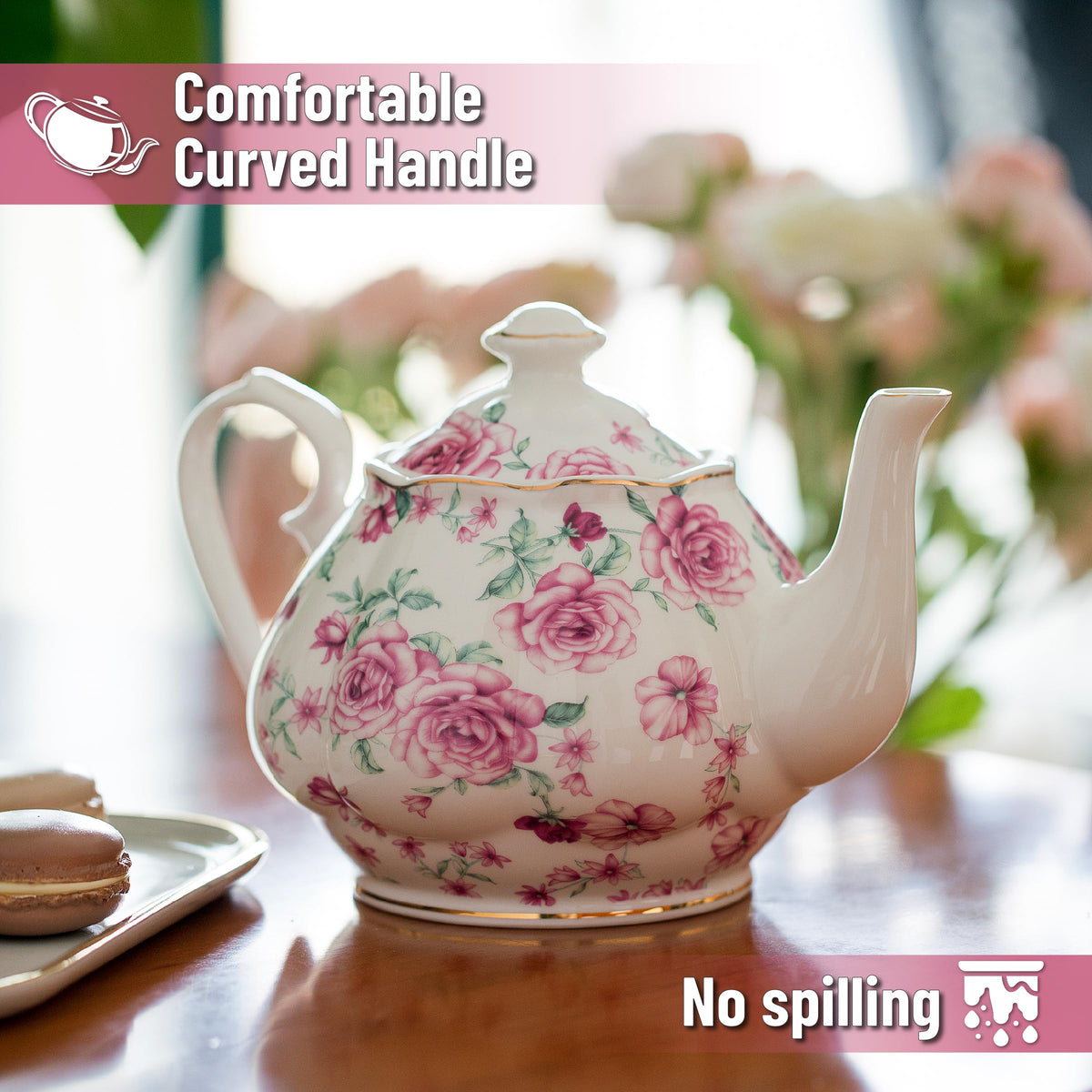 Brew To A Tea BTaT Floral Teapot, 38 oz Bone China, Perfect for Tea Set & Parties
