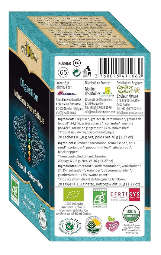 Valdena Bio Ayurvedic Blend Ginger Fennel Tea Bags Organic Infusion (Pack of 3, Total of 60 Individually wrapped Tea Bags) Herbal Tea, Fennel Ginger Tea Caffeine free Fennel tea bags for digestive support