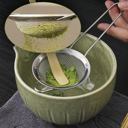 TANG PIN Matcha Sifter, Matcha Strainer and Tea Towel, Stainless Steel Sieve Sifter with Handle, Small Metal Strainer for Matcha, Juice, Drink, Herbs, Mini Sifter for Flour, Kitchen, Baking, Silver