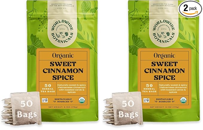 Worldwide Botanicals Sweet Cinnamon Spice Herbal Tea, 50 Tea Bags - Organic, Caffeine Free, Kosher,