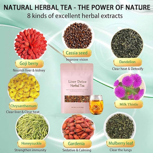 Liver Detox Herbal Tea, Liver Detox Tea Organic, Dandelion Chrysanthemum Cassia Seed Goji Berry Tea, Milk Thistle, Chinese Kidney & Liver Health Tea Bags - 8 Ingredients Natural Blend Formula (1)