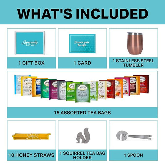 Modern Elegance Tea Tumbler Gift Set – Includes Tea Bag Holder, Spoon, Honey Straw, 15 Assorted Flavor Blends & Hot & Cold 12oz Insulated Tumbler – Ideal for Holiday Gift for Tea Lovers – Rose Gold