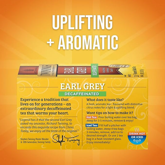 Twinings Decaffeinated Earl Grey Black Tea Individually Wrapped Bags, 20 Count (Pack of 6), Flavoured with Citrus and Bergamot, Enjoy Hot or Iced, 120 Teabags