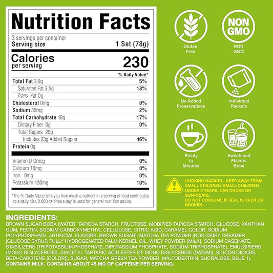 J WAY Instant Boba Bubble Pearl Matcha Milk Tea Kit with Authentic Brown Sugar Tapioca Boba, Ready in Under One Minute, Paper Straws Included - 3 Servings